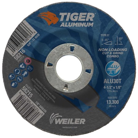WEILER 4-1/2 in Dia, 1/8 in Thick, 7/8 in Arbor Hole Size, Aluminum Oxide 58215